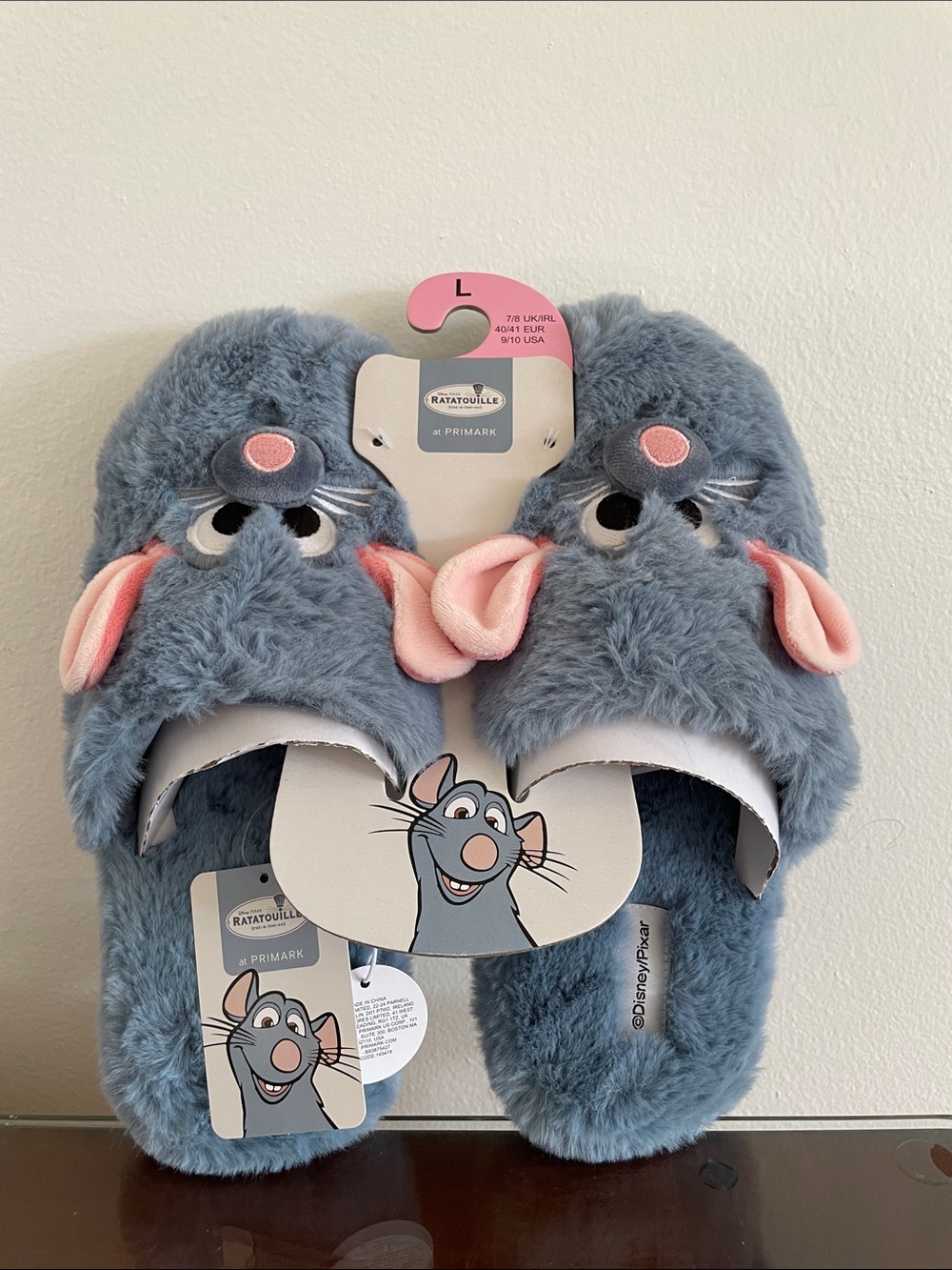 Primark Adult Blue Ratatouille Plush Slippers with Pink Ear Details